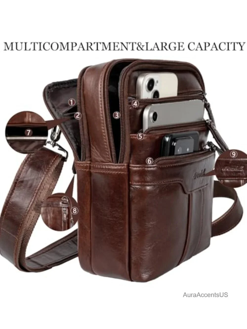 Genuine Leather Messenger Bag for Men, Small Crossbody Sling Shoulder Bag